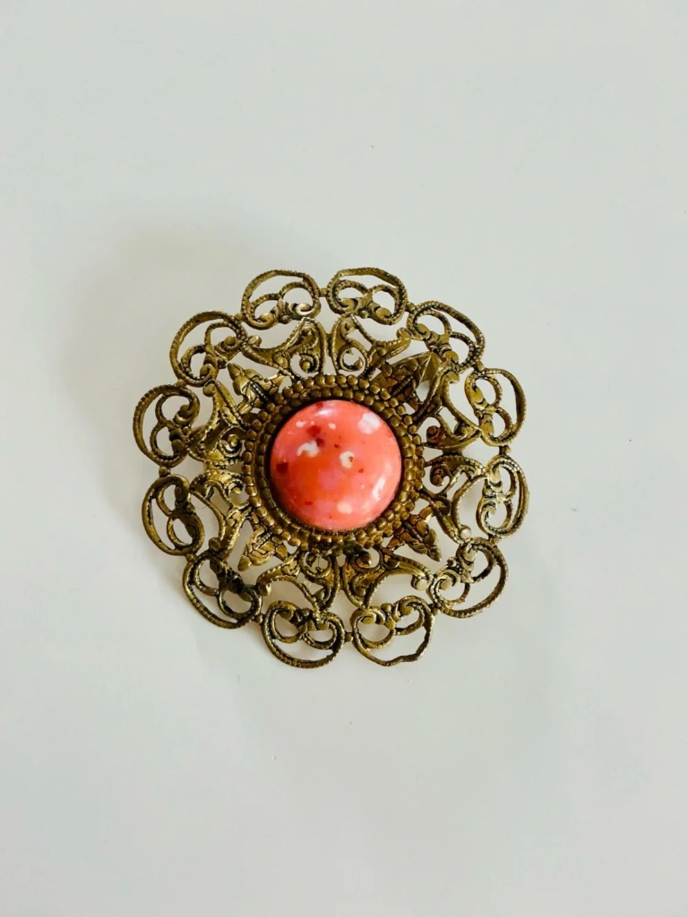 Vintage Filigree Round Brooch with Coral Cabochon Renaissance Revival Retro EUC